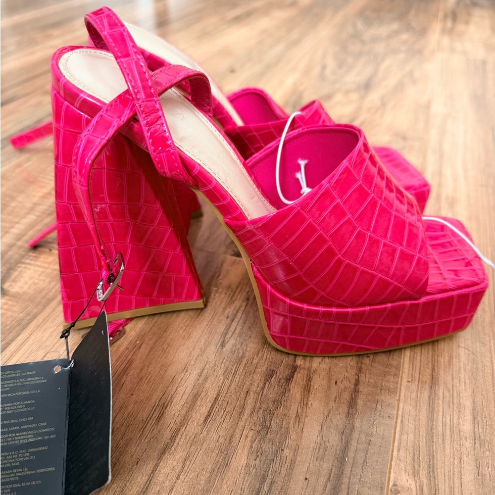 Pink Croc-Embossed Platform Sandals - Picture 2 of 5